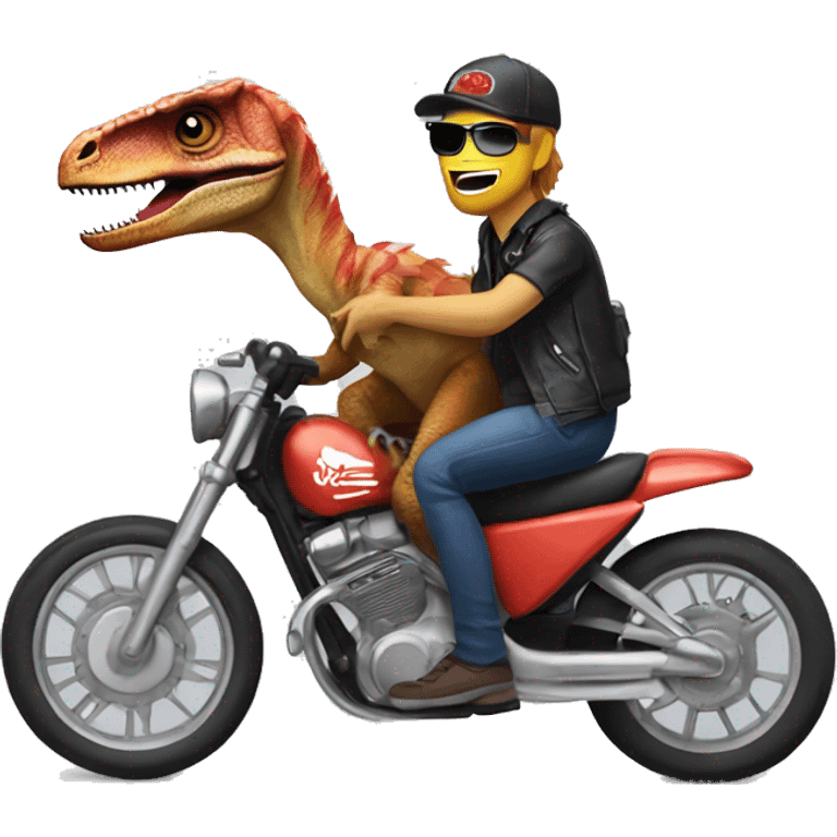 Velociraptor riding a motorcycle with Mr Beast stickers on it but the velociraptor is adorable emoji