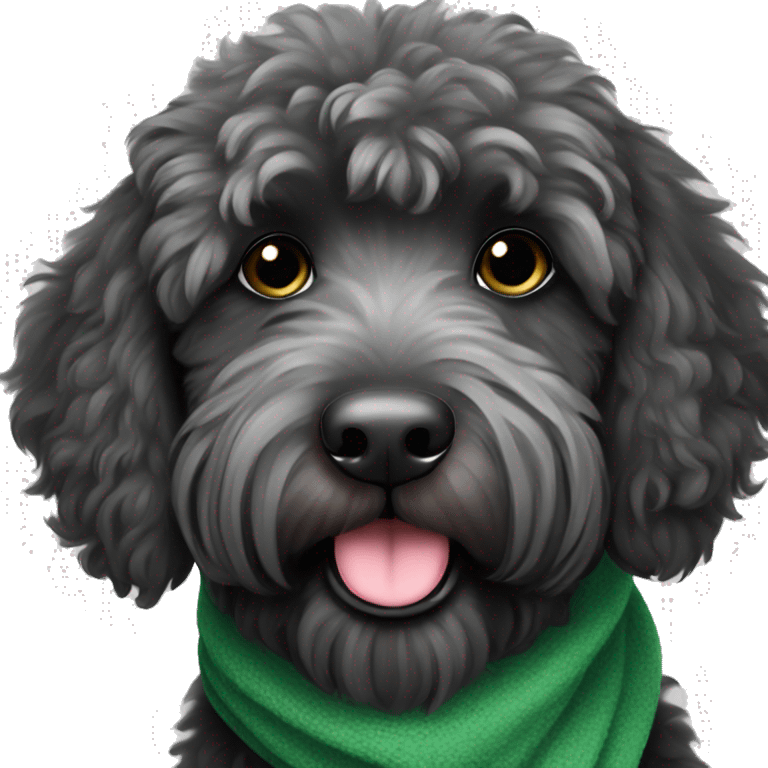 Fluffy black/grey labradoodle with green scarf emoji