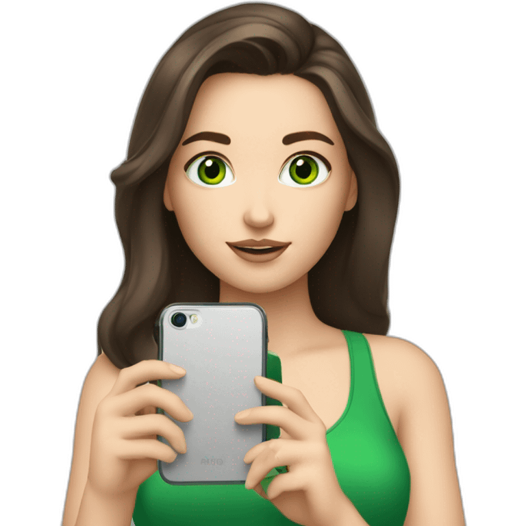 brunette white girl with green eyes making a selfie with phone emoji