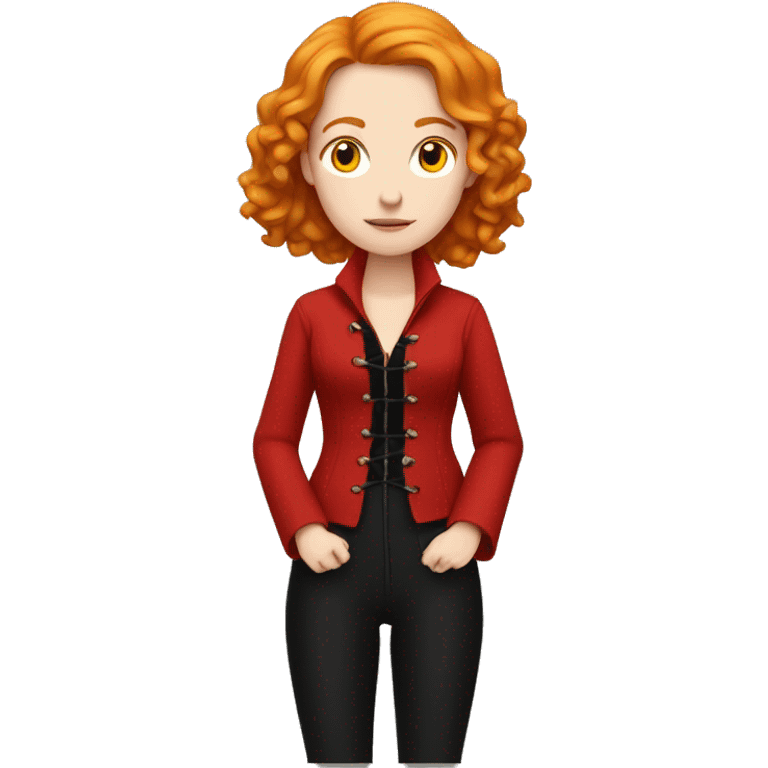 Pale girl with wavy ginger hair meditating with red corset, black pants, black shoes, long red jacket emoji