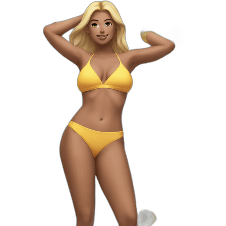 Slim-thicc Caucasian woman bikini hands in hair pose (beach body) emoji