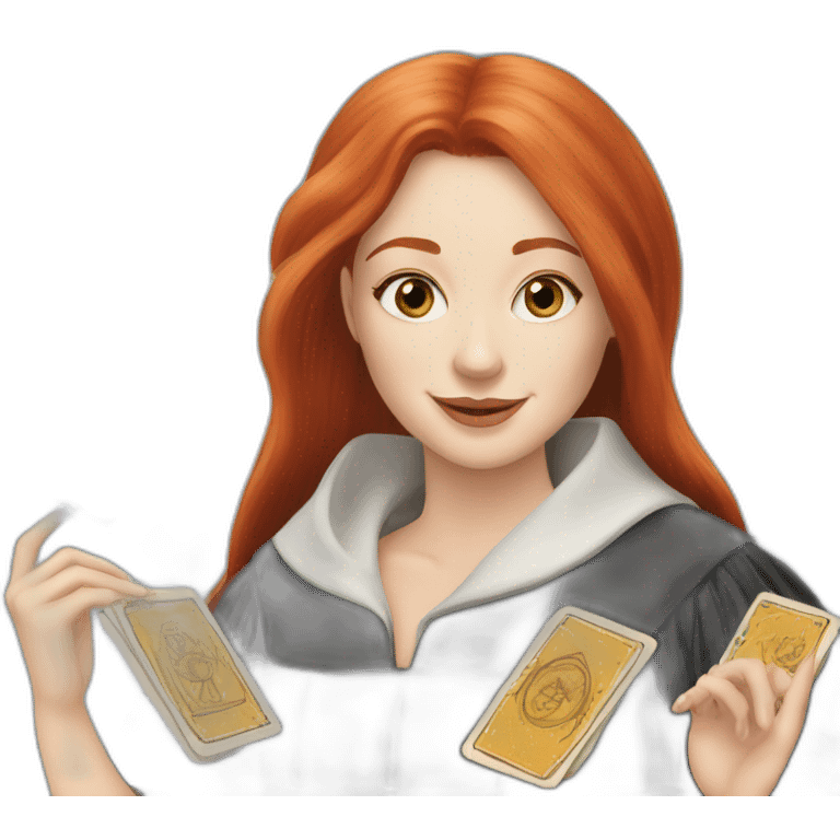 redhead white woman medium long straight hair, celebrating graduation with tarot cards emoji