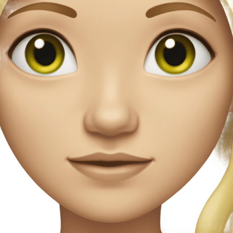 The girl is blonde with shoulder-length hair. She has green eyes, fair skin emoji