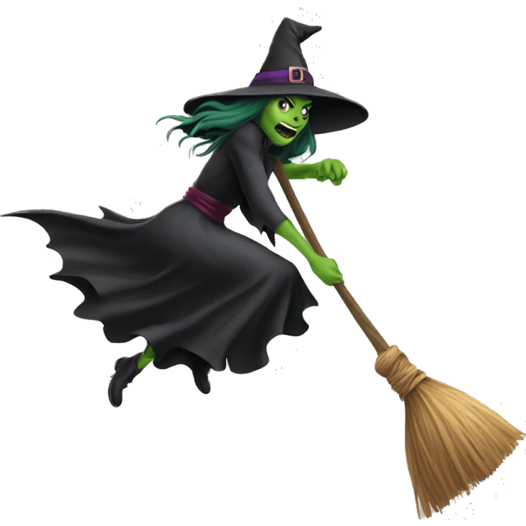 Scarry witch, flying to the left on only one broom. Transparent background emoji