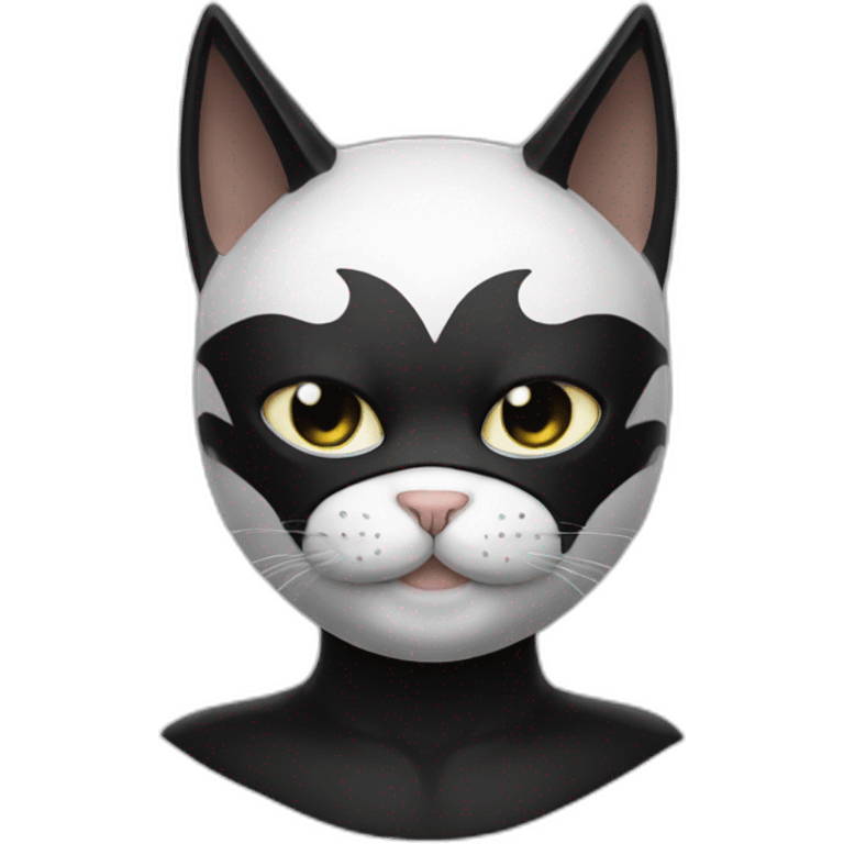 White and black cat wearing a full face black batman mask emoji