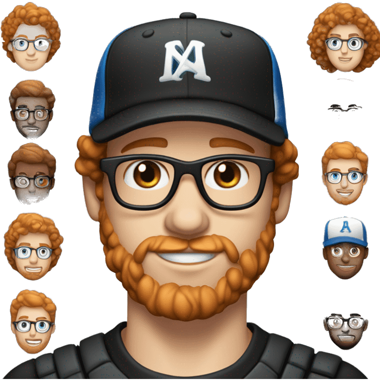 30 years old, male, red hair, curly hair, glasses, black baseball hat, blue eyes, pale complexion, stubble facial hair emoji