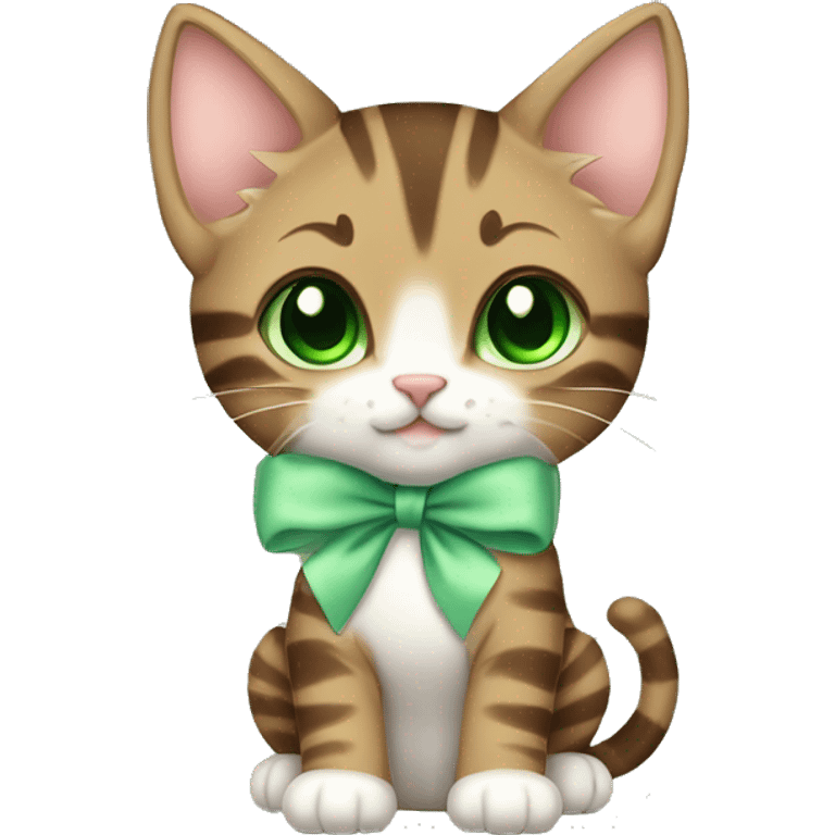 extremely cute kawaii brown tabby kitten with green eyes and pastel green bow full body emoji