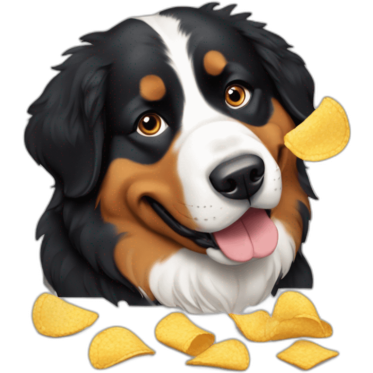 bernese dog eating chips an drinking beer emoji