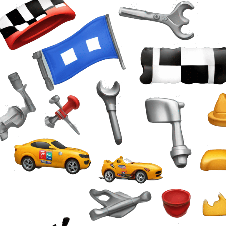 Create a set of vibrant emojis related to motorsport and engine tuning, including elements like race cars, engine parts, checkered flags, and tuning tools emoji