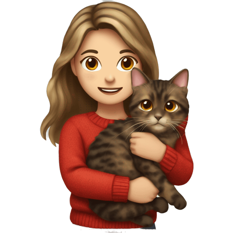 Tortoiseshell cat being held by a white girl with long wavy brown hair wearing a red sweater emoji