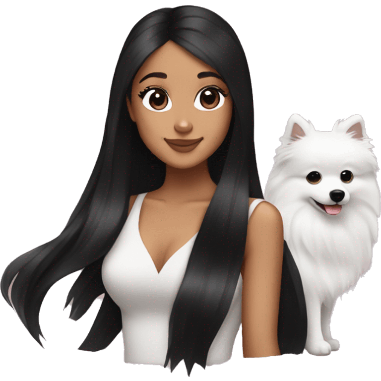 ariana grande with straight black hair holding a japanese spitz emoji