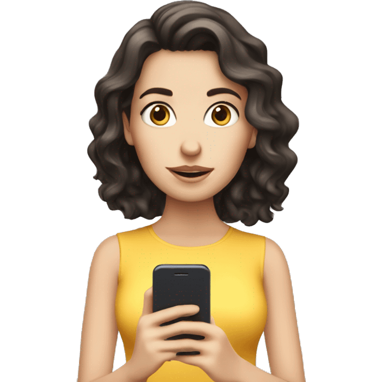 White girl with dark wavy hair reading on smart phone emoji