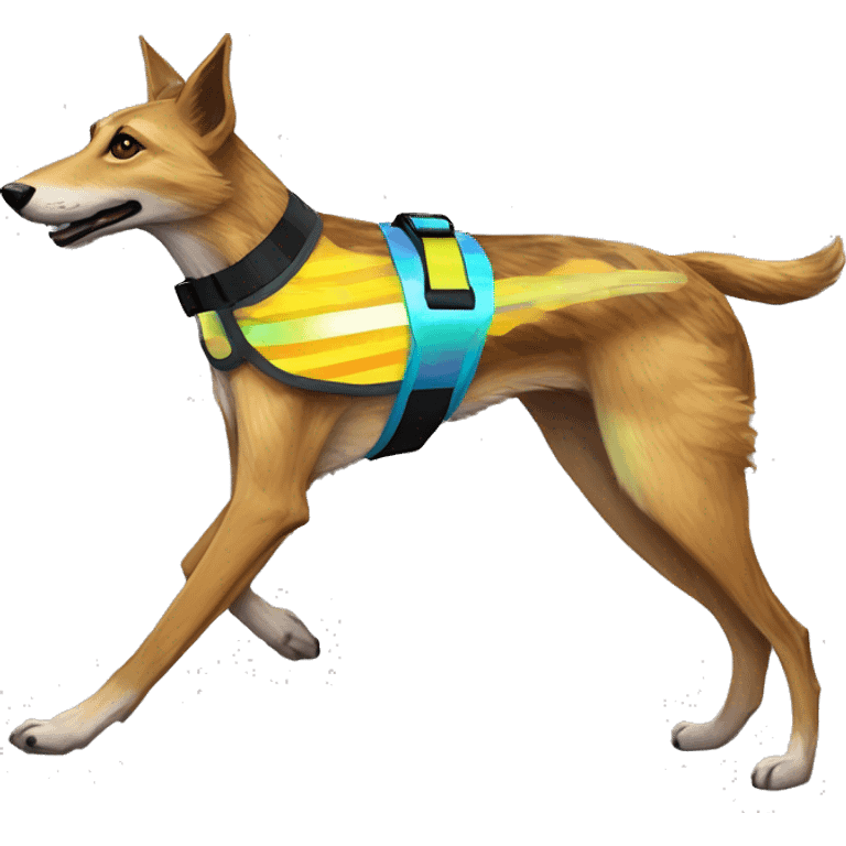  brindle brown black maroon striped lurcher Alsatian fox running blue eyes and iridescent holographic oilslick harness wearing paper iridescent tropical flower crown yellow caution tape emoji