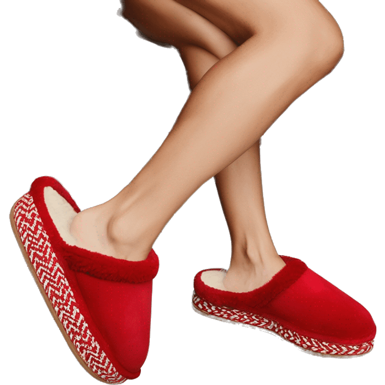 Camel slip-on slippers. red woven bohem zig-zag trim that is thin line on the cuff, and a thick platform sole. “UGG” emoji