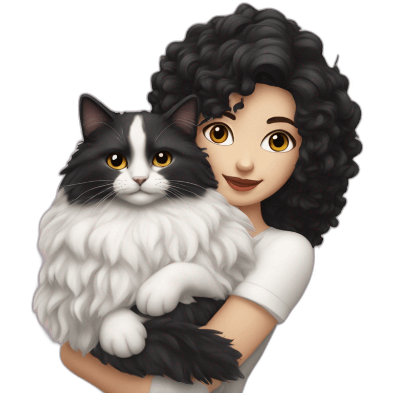 white women with black and curly hair who is cuddling a siberian neva masquerade cat emoji