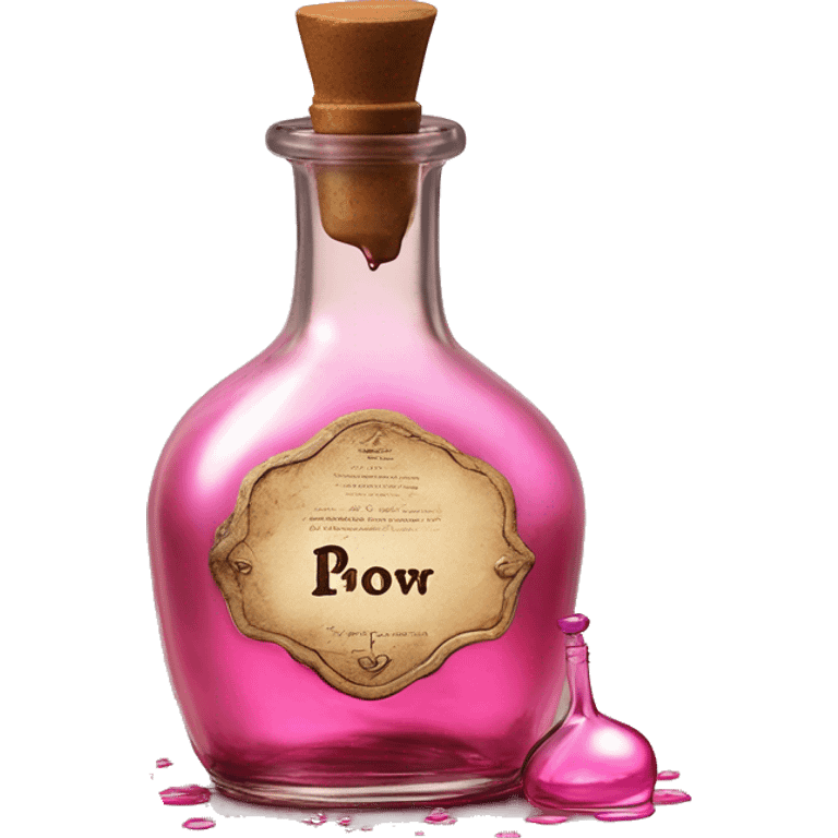 Mysterious Alchemical vintage glass potion bottle, exquisite bottle shape, old and shabby, with label, stylish and minimalistic, brown and pink, oil potion is poured out of the bottle, oil is spilled next to it emoji