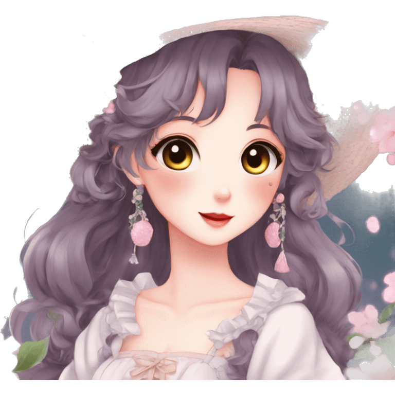 Gorgeous anime style lady with blushing face and accessories cottagecore fairycore Kawaii anime colorful pearly romantic aesthetic trending style emoji