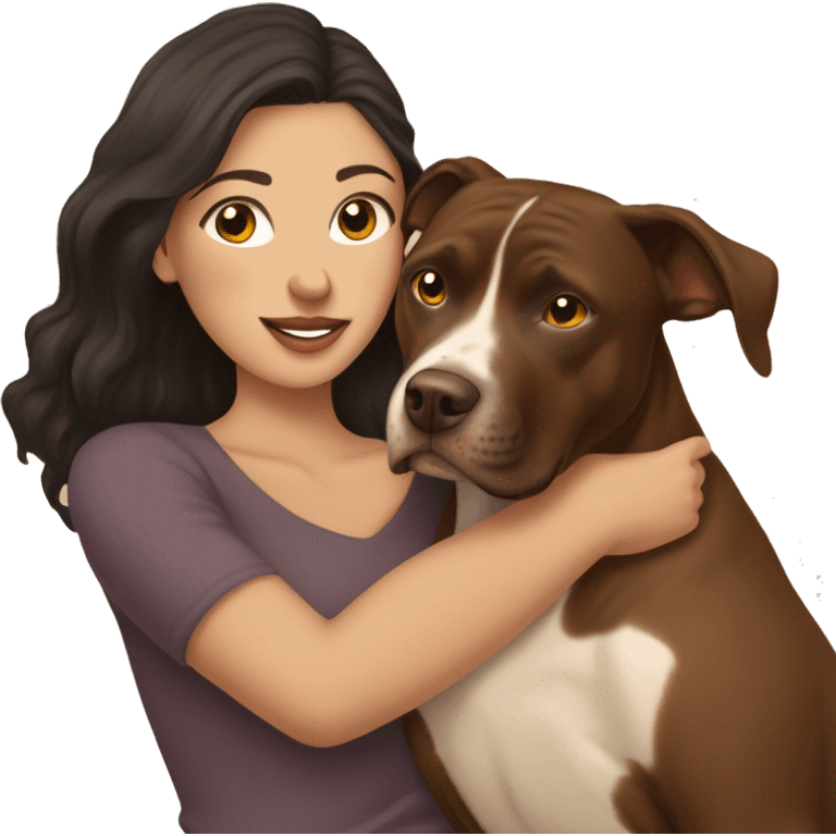 A woman with dark hair and brown eyes is hugging a ball over brown pitbull femail dog with golden eyes with cropped ears  emoji