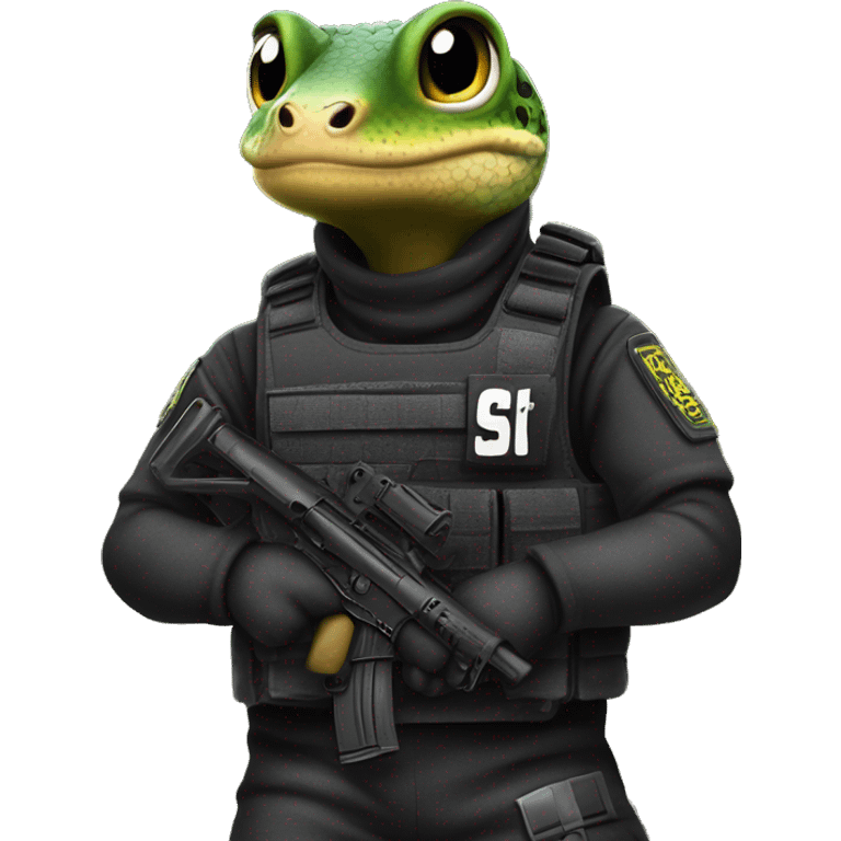 a gecko as an S.W.A.T member with a bulletproof vest which says S.W.A.T. emoji