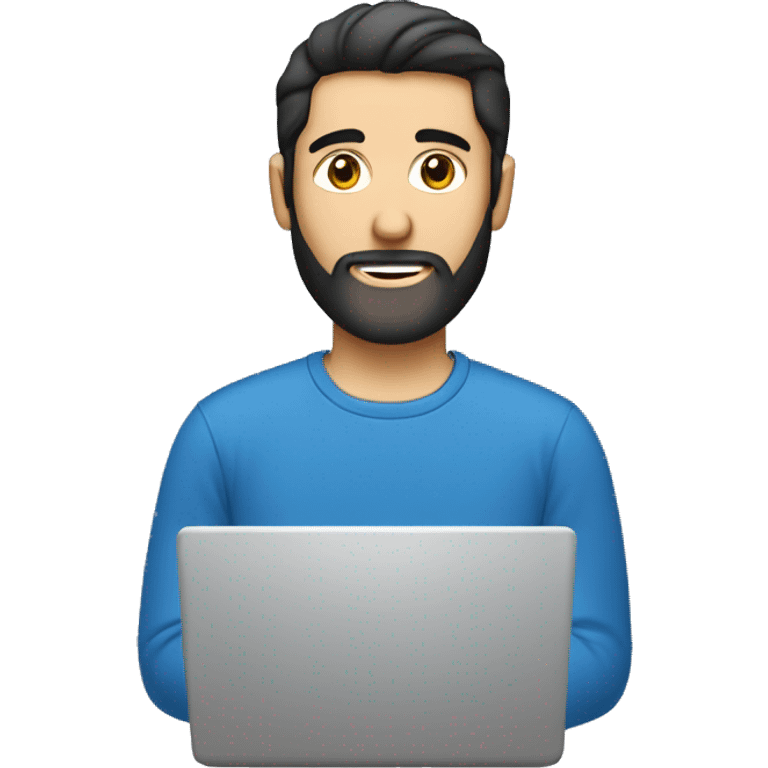 white guy with beard black hair up thin face wearing blue t-shirt using in laptop  emoji