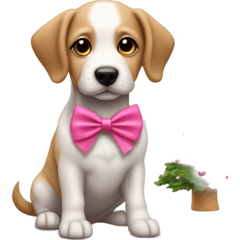 Dog with a pink bow on its head sitting by a Christmas tree ￼ emoji