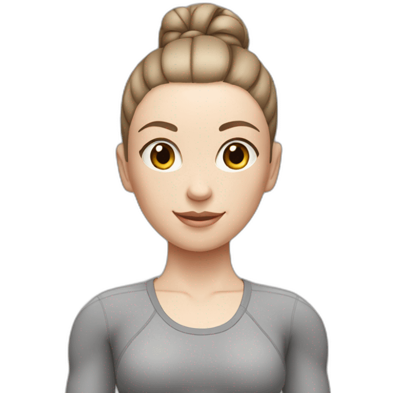 Pale skinned fit woman In a gray tight yoga suit and wristbands With brown hair in a bun  emoji