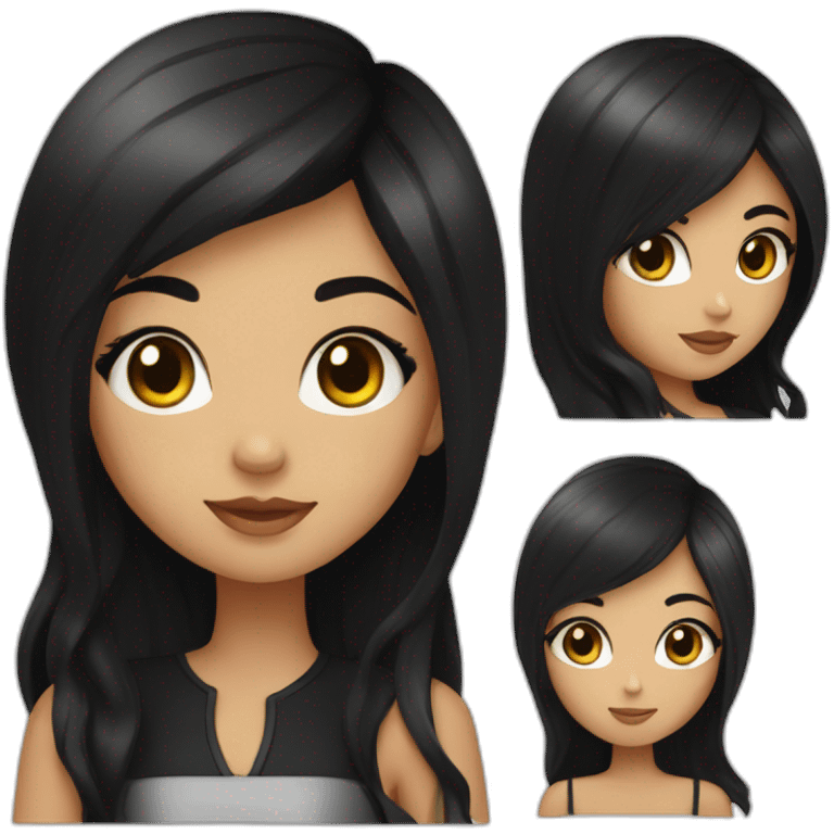 A girl not too white, not too brunette, with big straight black hair divided in the middle, with honey-colored eyes with a black dress with shine emoji