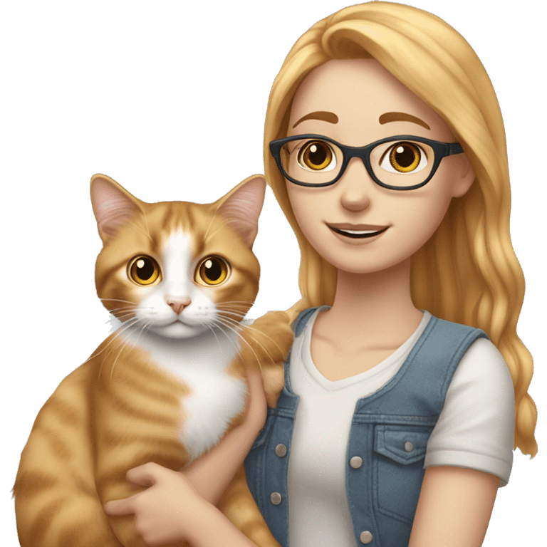 White skin strawberry-blonde haired girl with glasses holding long-haired calico cat emoji