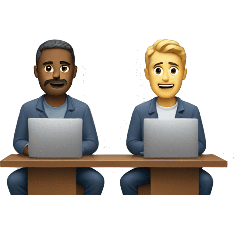 two men. One is sitting in front of a computer, and the other one is calling emoji