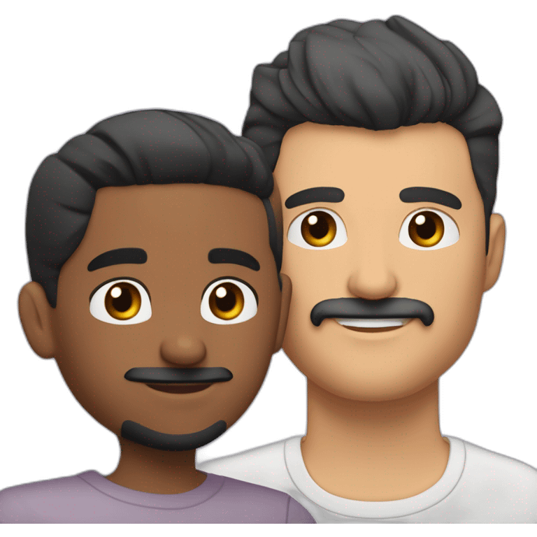 Very short haircut hair white latino man with skin fade, detailed moustache and beard, cuddling a black woman with straight black hair with a pony tail and big earrings emoji