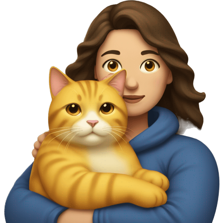 Brunette woman snuggling yellow fat cat emoji