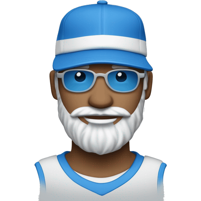 Homme de couleur blanche avec une petite barbe naissante portant des lunettes bleues , une casquette bleu , un survêtement Jordan bleu et des baskets bleues  emoji