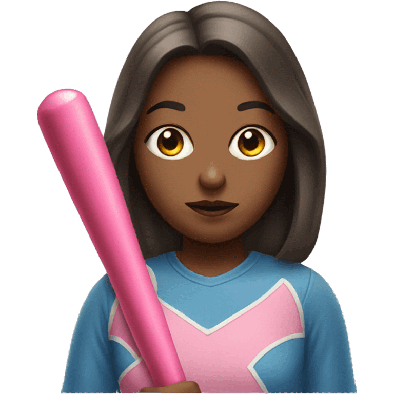 A girl with a bat and a bubblegum emoji