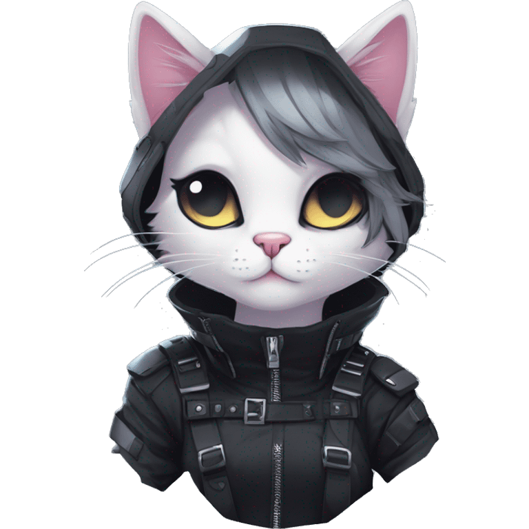 Gorgeous edgy epic futuristic punk gothic dark techwear anime style anthro cat with blushing face aesthetic and pretty edgy black with collar and harness trending style emoji