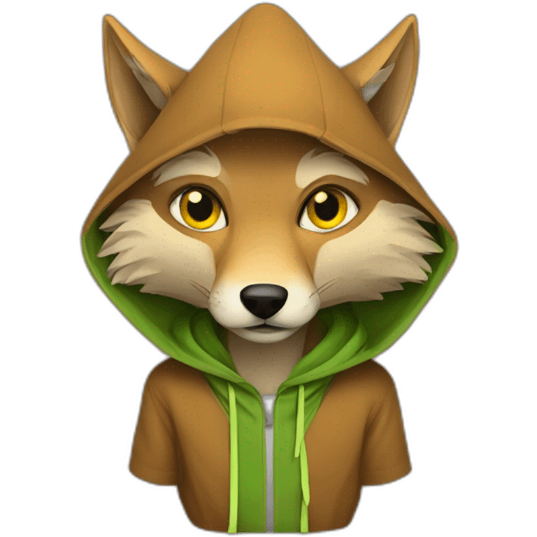 brown coyote with yellow eyes and a green hood that sadly emoji