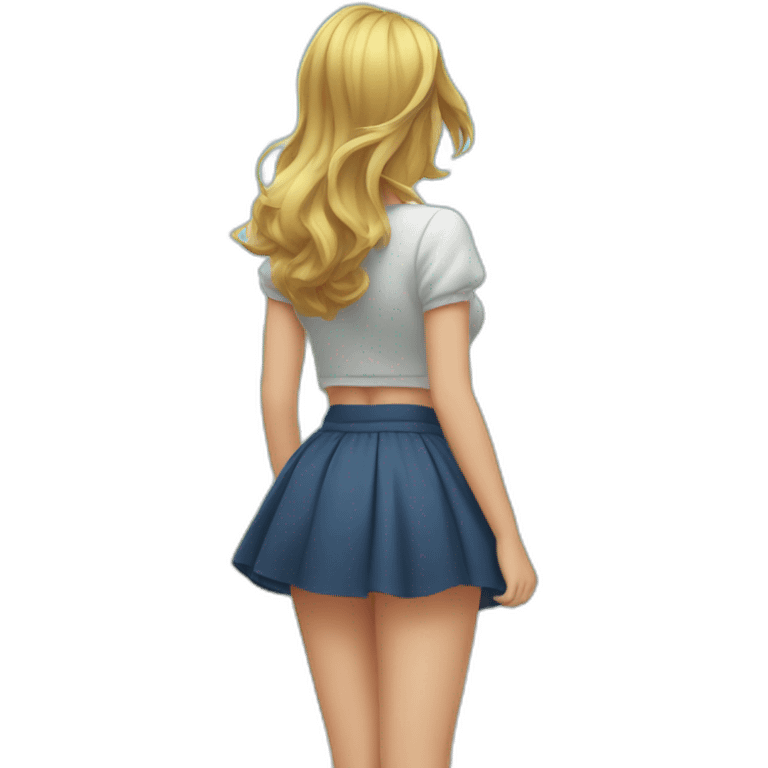 full body back view curvy caucasian beauty in small skirt lifted by the wind butt white socks emoji