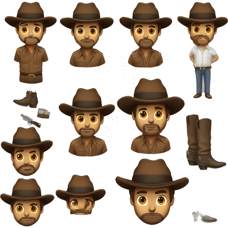 Gaucho com chapeu marrom olhos castanhos barba meio grisalha curta, barbicaho marrom camisa branca, bombacha e bota  emoji