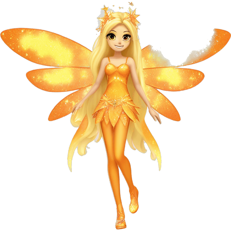 Stella adult fairy of the sun and the moon in her enchantix fairy orange two-piece clothing and fairy enchantix wings and long blonde hair from winx club. Lots of sparkles and fairydust. Full body pic and full fairy bliss emoji