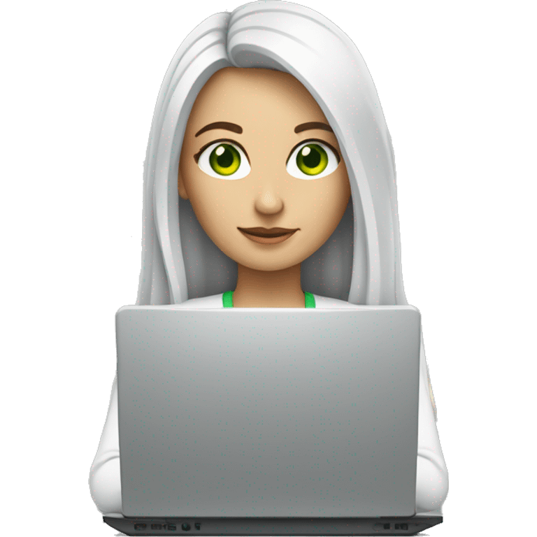 Female coder featuring a laptop. She has long hair, green eyes, white skin. emoji