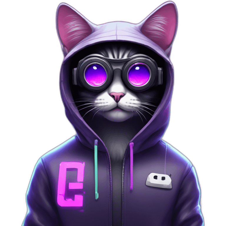 Russian cat wearing a black hoodie with "OMG" letters on it and VR headset in a cyberpunk VR environment with violet neon lighting. emoji