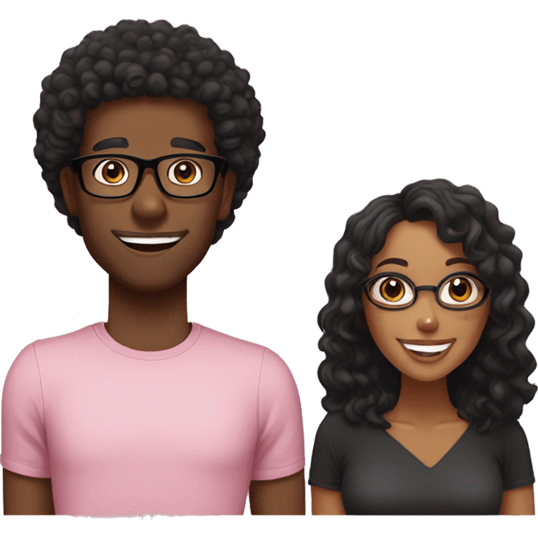 Black man, smiling, curly black hair, with black shirt, no glasses. And Fair woman, medium curly hair, smiling, light pink shirt, black glasses emoji