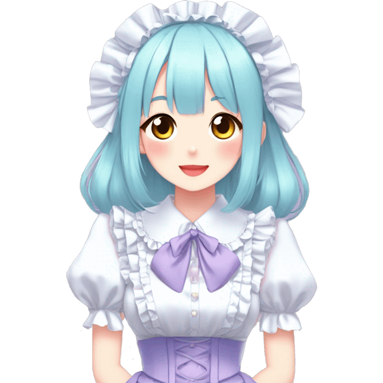 Gorgeous anime style lady blushing face maid outfit Lolita idol model colorful shiny sparkle kawaii pastelcore cottagecore pearly petite simplistic aesthetic trending style emoji