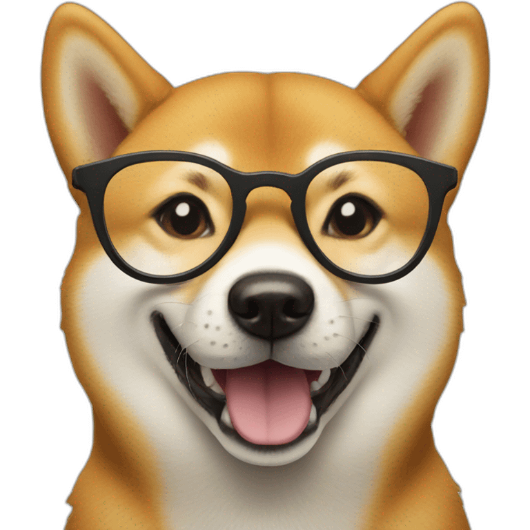 A shiba dog wearing black glasses and smiling emoji