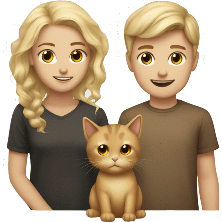 Dirty blonde boy and dirty blonde girl together with a brown cat emoji