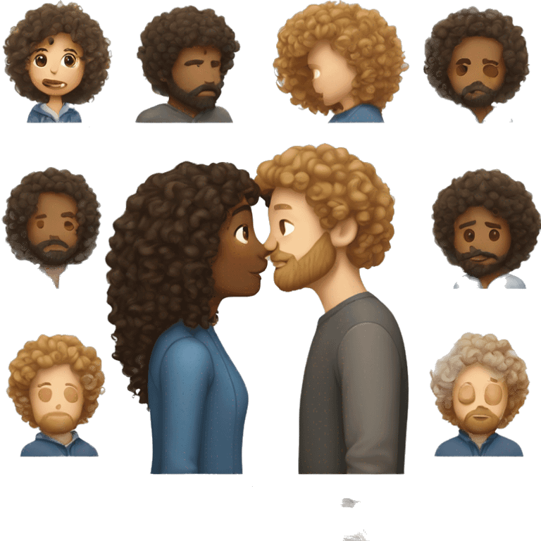 Curly haired woman kissing white man with beard emoji