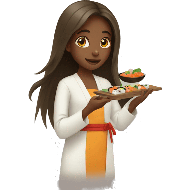 An ethiopian girl with long hair eating sushi emoji