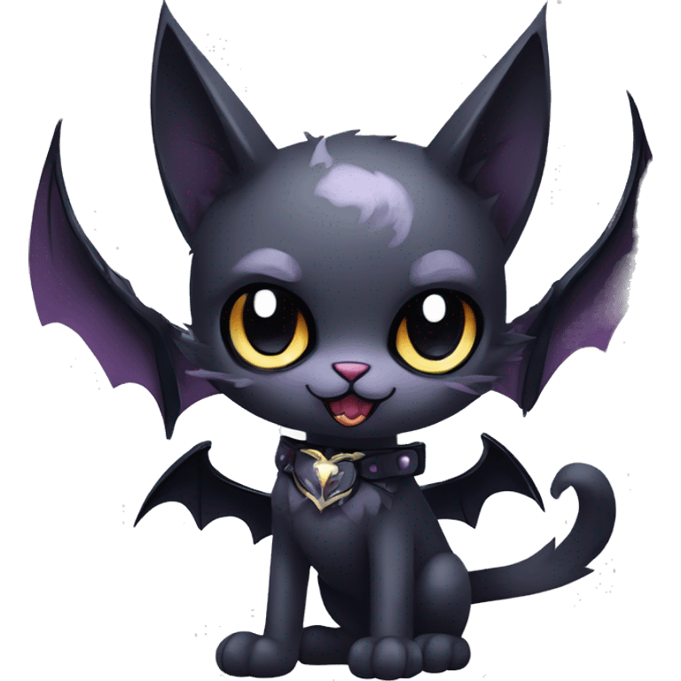  cool edgy kawaii ethereal dark-punk-themed animal vampiric cat-hybrid Fakemon with fangs and bat-wing-ears with a collar full body emoji