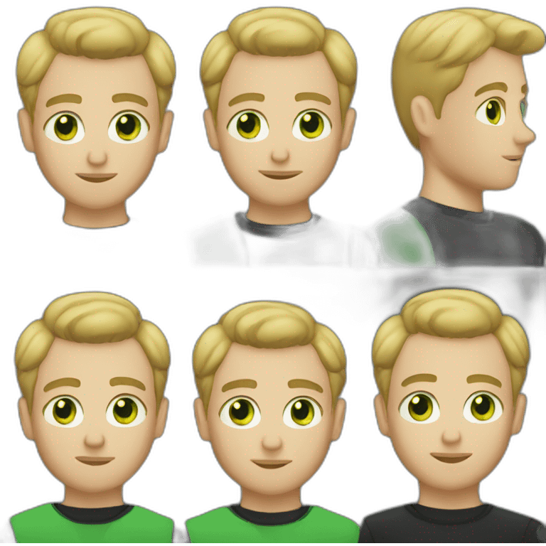 A blond short haired man with green eyes and a black sweatshirt emoji