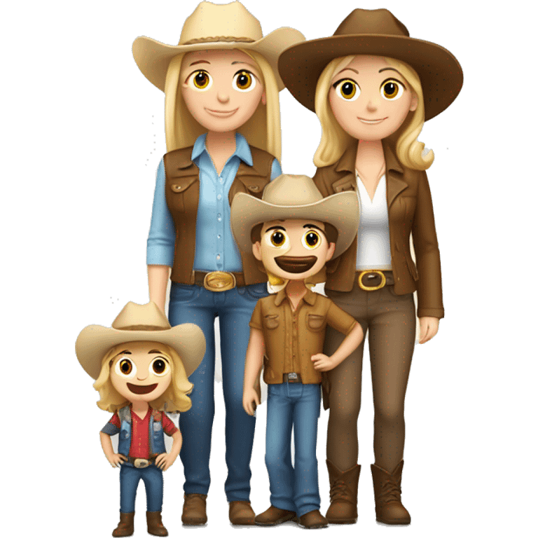 Caucasian family of 3, all with cowgirl hats on, 1 blonde teenager, 1 light brown haired mom, 1 little boy with brown hair  emoji