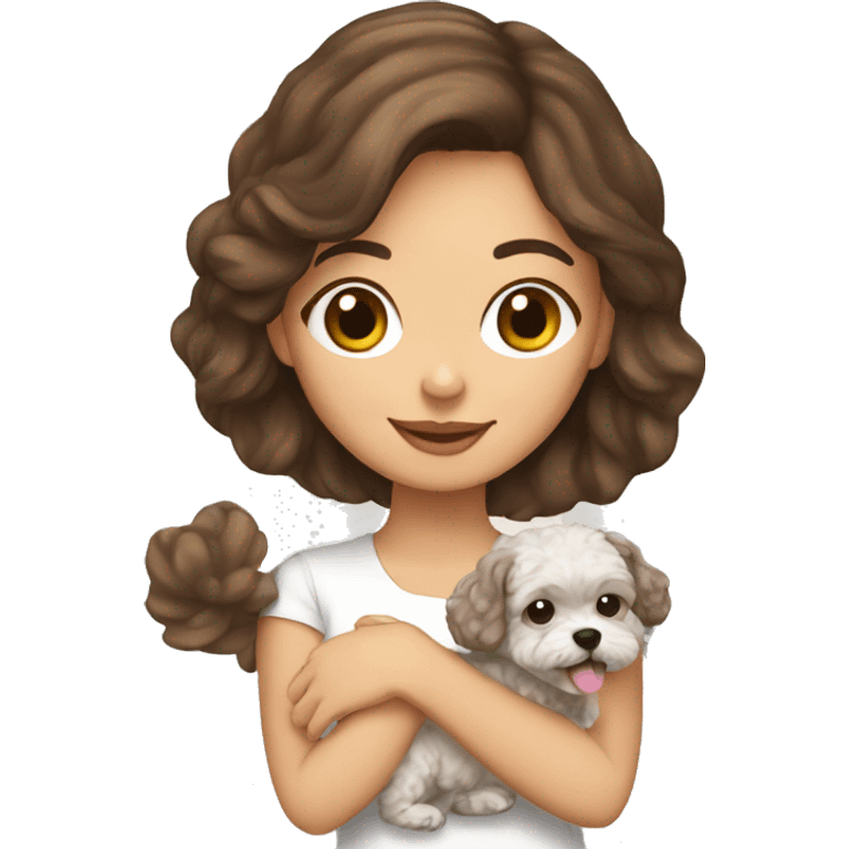 brunette girl holding her maltipoo dog emoji